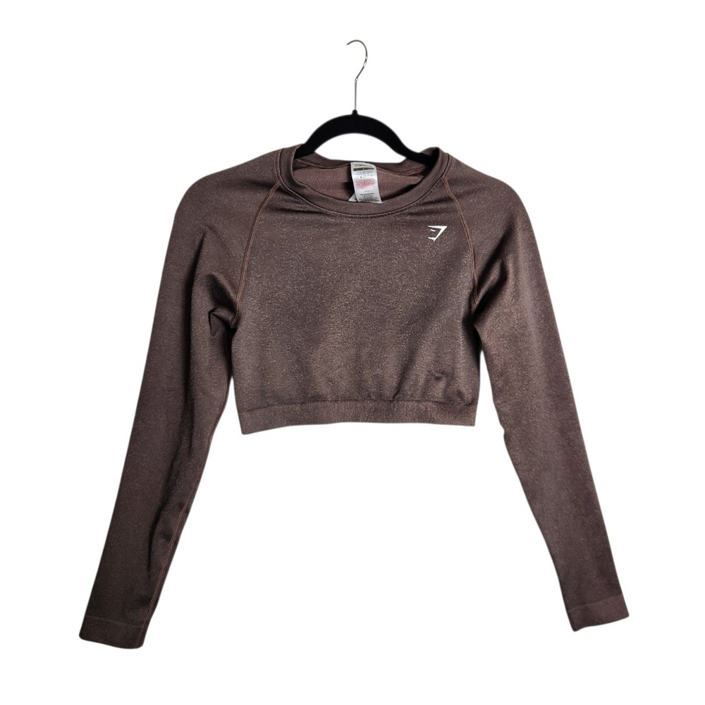 Gymshark Adapt Marl Seamless Long Sleeve Crop Top Brown Ruched Back Large